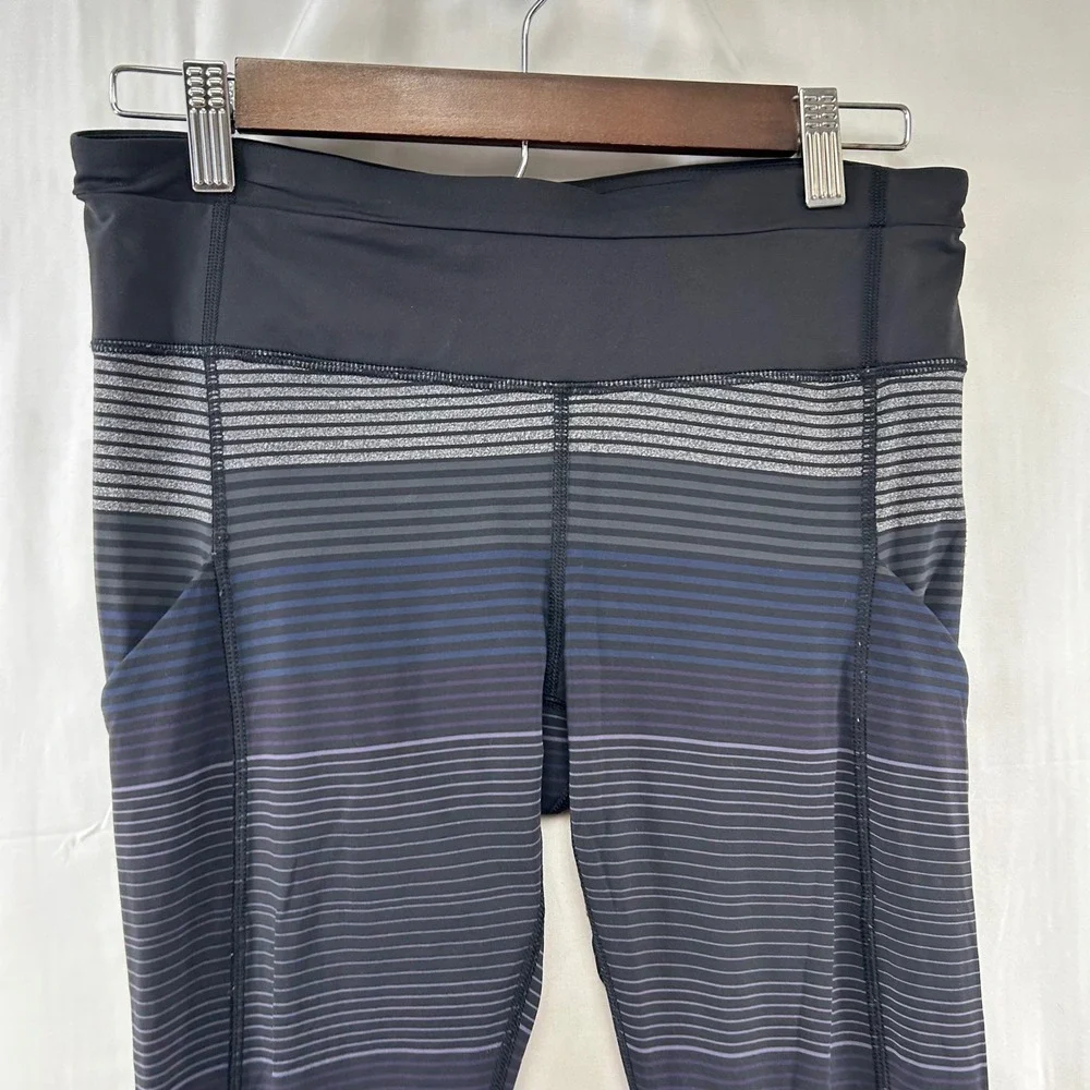 Lululemon Speed Up Tight Womens 8 Black Grey Blue Striped Running Leggings